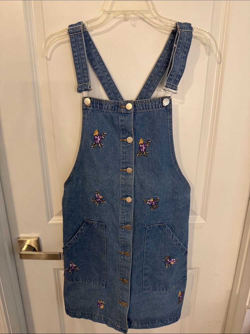 BONGO Denim Mini Overall Dress with Purple Floral Embroidery